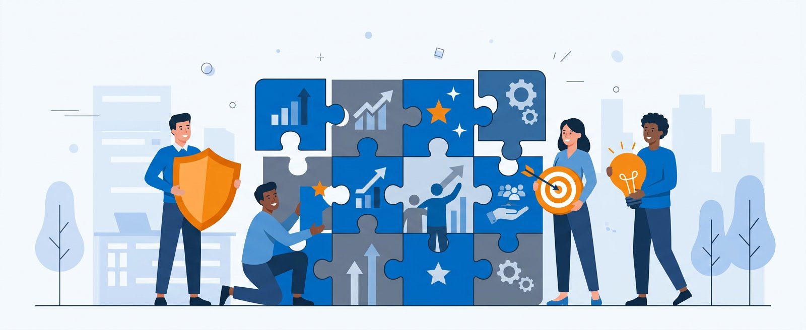 Équipe assemblant les pièces du puzzle : intégrité, pragmatisme et innovation